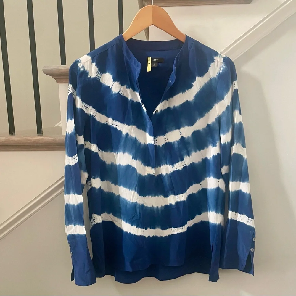 J.Crew 100% Silk Tie Dyed Shibori LS Tunic Popover Blue - Sz Small